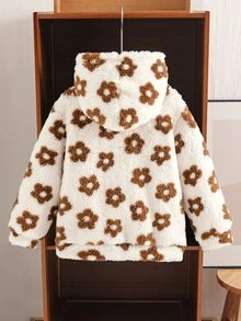 SHEIN 女童加厚抓絨外套夾克，秋季新款印花花卉粉色卡其色，可愛通勤西式日常幼兒園穿搭，百搭舒適面料 - 卡其色 - 查看 3
