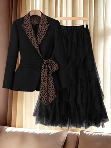 GlowEve CURVE Leopard Print Business, Academic Style Urban Modern Glamorous Party Elegant Suit & Mesh Skirt Set - Multicolor - View 1