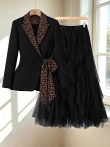 GlowEve CURVE Leopard Print Business, Academic Style Urban Modern Glamorous Party Elegant Suit & Mesh Skirt Set - Multicolor - View 5