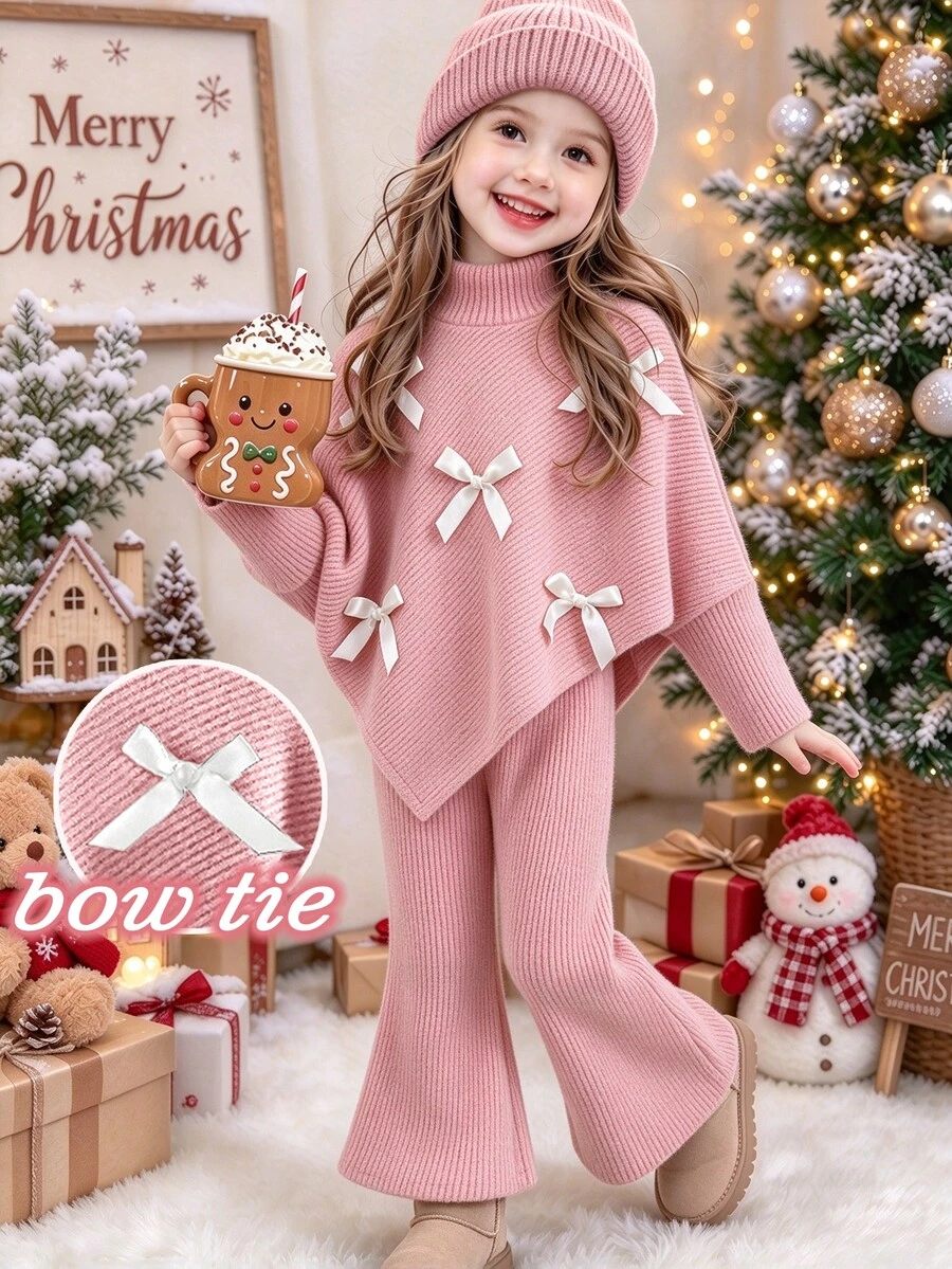 SHEIN Girls 2 Pieces Outfit High Neck Asymmetrical Ribbed Knit Top Pearl Rhinestone Decor Solid Flare Pants Set Casual Outfit For Fall Christmas Daily Wear