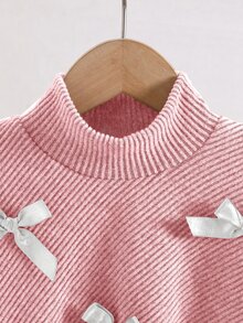 SHEIN 女童 2 件套套裝 高領不對稱羅紋針織上衣 珍珠水鑽裝飾 素色喇叭褲休閒套裝 秋季聖誕日常穿著 - 粉色 - 查看 5