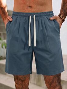 Manfinity RSRT Men's Solid Color Minimalist Casual Shorts, Holiday - Navy Blue - View 3