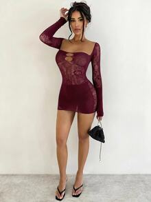 Sirith Sexy Hollow Out Romantic Long Sleeve Women's Dress - Dark Red - View 8