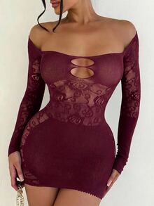 Sirith Sexy Hollow Out Romantic Long Sleeve Women's Dress - Dark Red - View 7