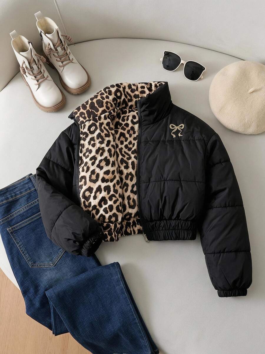 SHEIN 青少年女孩冬季加厚保暖外套,抓絨內裡拉鍊式,舒適休閒,適合學校社團與健身房,黑白豹紋可愛美式寬鬆街頭風 - 黑色 - 查看 1