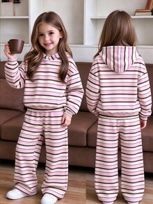 Toddler Girls 2 Pcs Striped Long Sleeve Crew Neck Pullover Sweatshirt & Wide Leg Pants Set, Cozy Casual, Pink Top, Winter Outfits - Multicolor - View 1