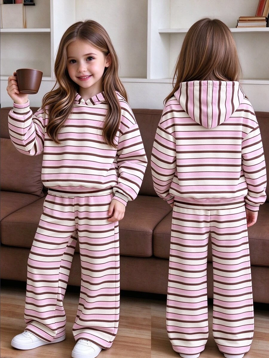 Toddler Girls 2 Pcs Striped Long Sleeve Crew Neck Pullover Sweatshirt & Wide Leg Pants Set, Cozy Casual, Pink Top, Winter Outfits - Multicolor - View 1