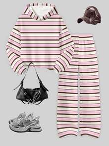 Toddler Girls 2 Pcs Striped Long Sleeve Crew Neck Pullover Sweatshirt & Wide Leg Pants Set, Cozy Casual, Pink Top, Winter Outfits - Multicolor - View 4