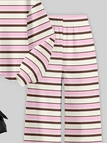 Toddler Girls 2 Pcs Striped Long Sleeve Crew Neck Pullover Sweatshirt & Wide Leg Pants Set, Cozy Casual, Pink Top, Winter Outfits - Multicolor - View 6