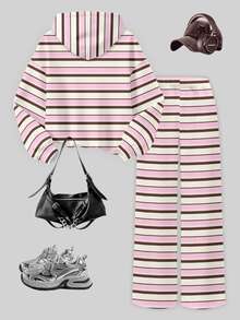 Toddler Girls 2 Pcs Striped Long Sleeve Crew Neck Pullover Sweatshirt & Wide Leg Pants Set, Cozy Casual, Pink Top, Winter Outfits - Multicolor - View 2