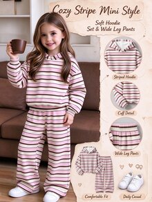 Toddler Girls 2 Pcs Striped Long Sleeve Crew Neck Pullover Sweatshirt & Wide Leg Pants Set, Cozy Casual, Pink Top, Winter Outfits - Multicolor - View 3