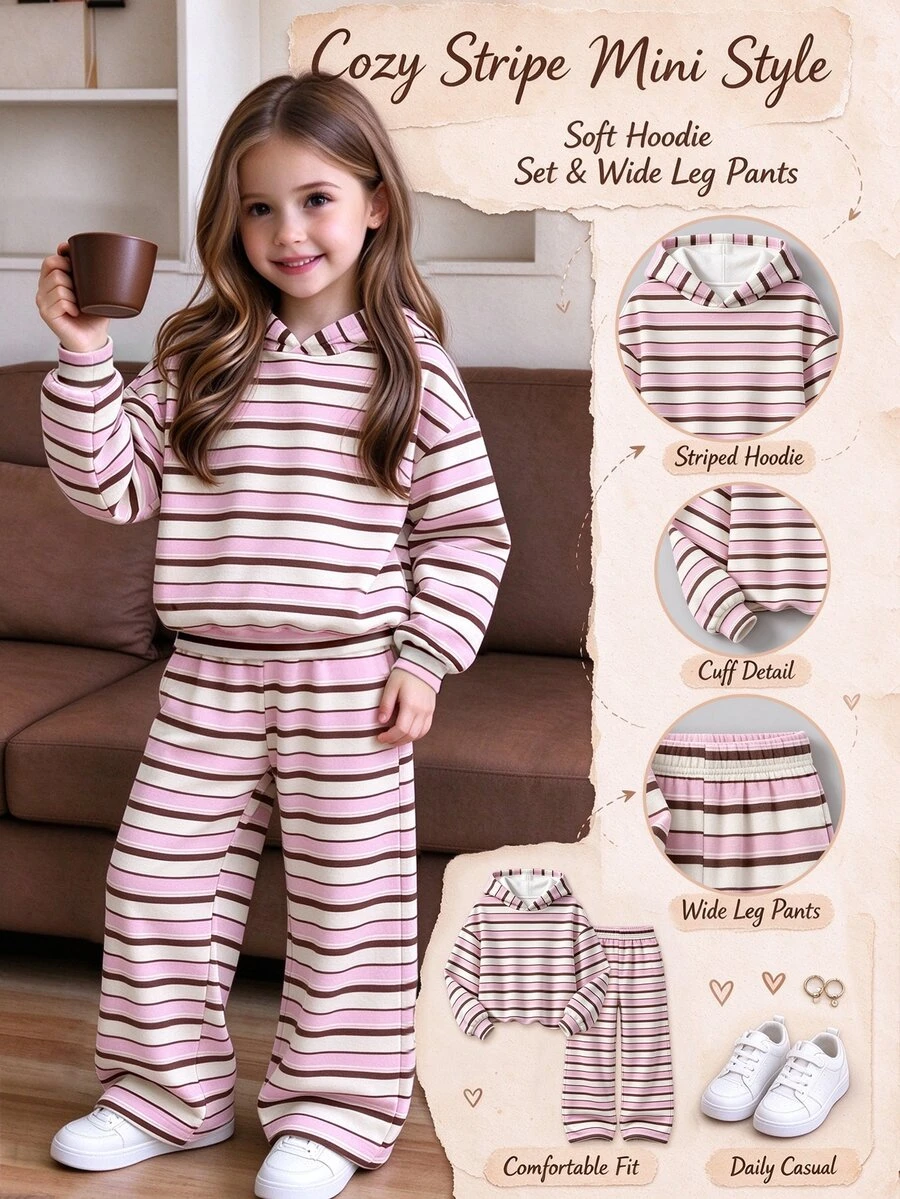幼童女童 2 件組條紋長袖圓領套頭衛衣與寬腿褲套裝,舒適休閒,粉色上衣,冬季穿搭 - 彩色 - 查看 1