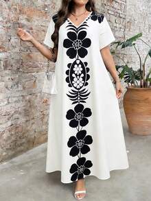 SHEIN LUNE Plus Size Women's Printed Round Neck Short Sleeve Dress, Elegant And Suitable For Everyday Wear - Multicolor - View 3