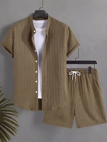 Surfspeed Men's Textured Single-Breasted Short Sleeve Shirt And Drawstring Waist Shorts Beach Set Holiday / Vacation / Beach / Hawaii / Tropical / Swim /  Bathi - Camel - View 2