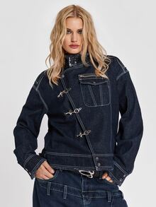 ROMWE Y2K Hot Girl Punk Streetwear Airplane Buckle Firefighter Buckle Pioneer Drop Shoulder Loose Denim Jacket - Black - View 1