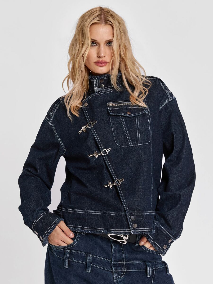 ROMWE Y2K Hot Girl Punk Streetwear Airplane Buckle Firefighter Buckle Pioneer Drop Shoulder Loose Denim Jacket - Black - View 1
