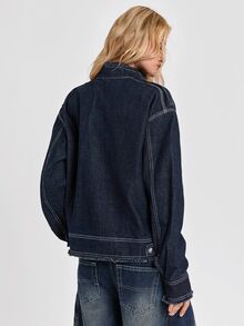 ROMWE Y2K Hot Girl Punk Streetwear Airplane Buckle Firefighter Buckle Pioneer Drop Shoulder Loose Denim Jacket - Black - View 7