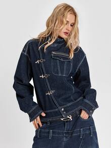ROMWE Y2K Hot Girl Punk Streetwear Airplane Buckle Firefighter Buckle Pioneer Drop Shoulder Loose Denim Jacket - Black - View 5