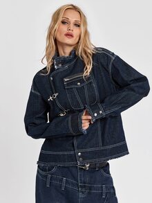 ROMWE Y2K Hot Girl Punk Streetwear Airplane Buckle Firefighter Buckle Pioneer Drop Shoulder Loose Denim Jacket - Black - View 8