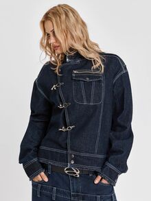ROMWE Y2K Hot Girl Punk Streetwear Airplane Buckle Firefighter Buckle Pioneer Drop Shoulder Loose Denim Jacket - Black - View 4