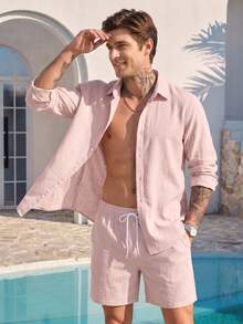 Manfinity RSRT 2pcs Men's Solid Color Front Button Long Sleeve Shirt And Slant Pocket Shorts Set, Holiday - Pink - View 1