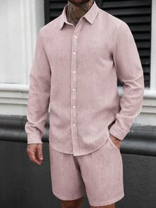 Manfinity RSRT 2pcs Men's Solid Color Front Button Long Sleeve Shirt And Slant Pocket Shorts Set, Holiday - Pink - View 6