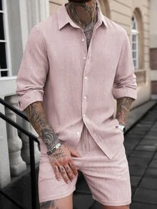 Manfinity RSRT 2pcs Men's Solid Color Front Button Long Sleeve Shirt And Slant Pocket Shorts Set, Holiday - Pink - View 5