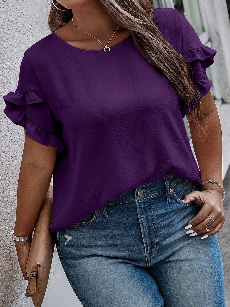 EMERY ROSE Plus Size Women Casual Solid Color Petal Sleeve Round Neck Blouse Chic - Purple - View 4