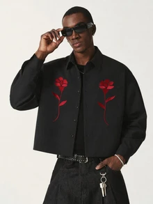 STYNVO Men's Floral Pattern Casual Daily Long Sleeve Shirt - Black - View 1
