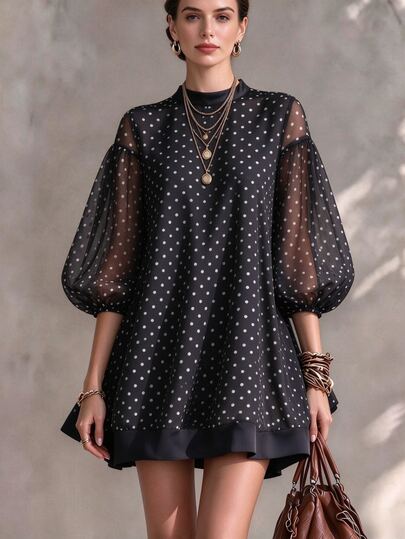 SHEIN Women's Autumn French Elegant High-End Solid Color Satin Patchwork Round Neck Lantern Sleeve Casual Loose Short Black Chiffon Polka Dot Dress