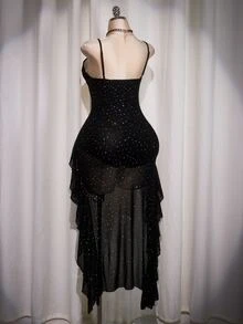 SHEIN ICON Plus Size Black Summer Goth Night Out Club Dress,Y2K Mesh Sequin V-Neck Ruffle Trim Spaghetti Strap Slip Dress,Short Front Long Back Party Dress - Black - View 8