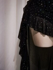 SHEIN ICON Plus Size Black Summer Goth Night Out Club Dress,Y2K Mesh Sequin V-Neck Ruffle Trim Spaghetti Strap Slip Dress,Short Front Long Back Party Dress - Black - View 9