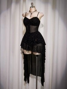 SHEIN ICON Plus Size Black Summer Goth Night Out Club Dress,Y2K Mesh Sequin V-Neck Ruffle Trim Spaghetti Strap Slip Dress,Short Front Long Back Party Dress - Black - View 7