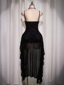 SHEIN ICON Plus Size Black Summer Goth Night Out Club Dress,Y2K Mesh Sequin V-Neck Ruffle Trim Spaghetti Strap Slip Dress,Short Front Long Back Party Dress - Black - View 2