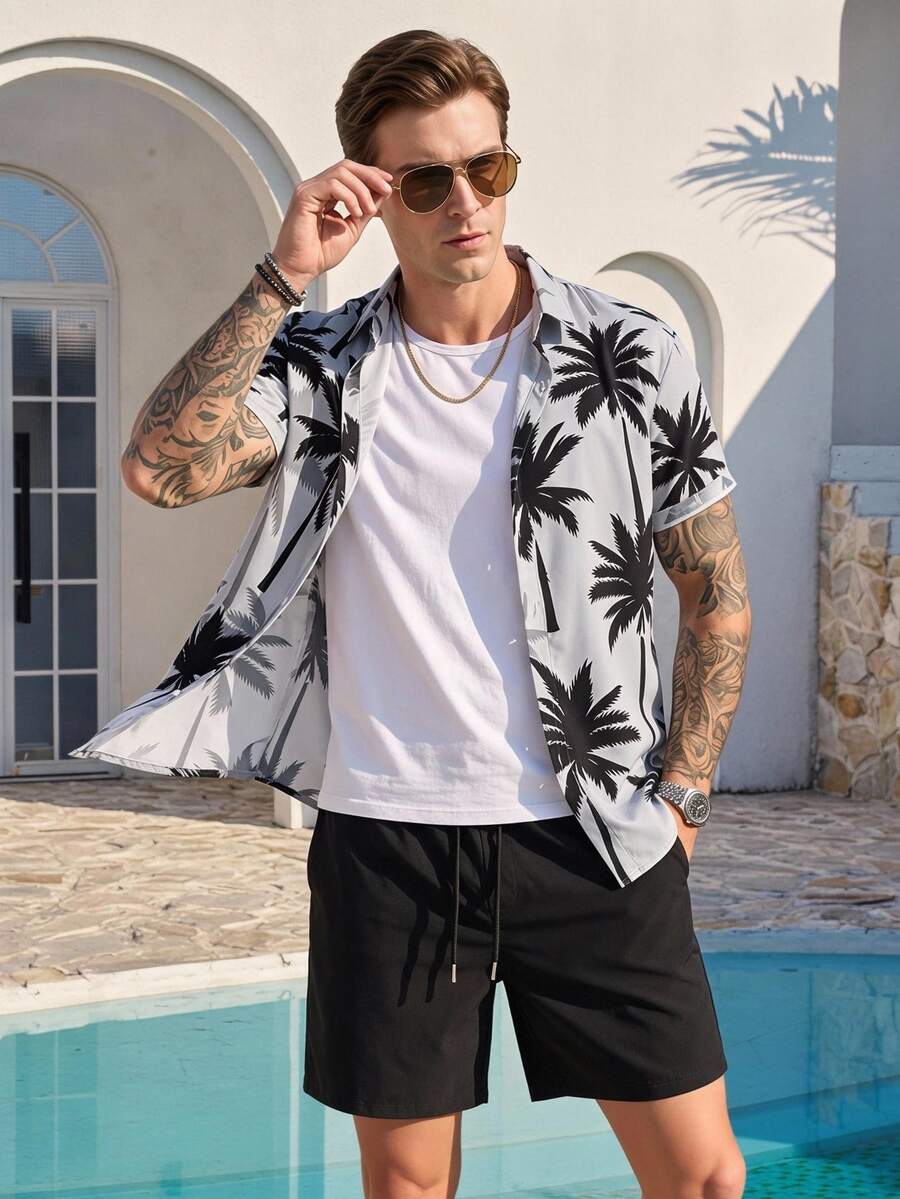 Genlund Men's Casual Coconut Tree Print Shirt And Shorts Set, Vacation Outfit, Holiday - Multicolor - View 1
