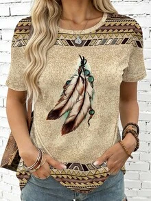 EMERY ROSE Women's Geometric Feather Print Round Neck T-Shirt, Fashionable Top Suitable For Daily And Vacation Wear Vacation Beige Summer Boho Western - Multicolor - View 3