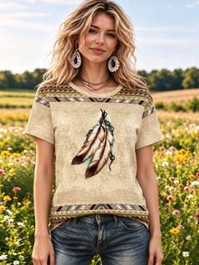 EMERY ROSE Women's Geometric Feather Print Round Neck T-Shirt, Fashionable Top Suitable For Daily And Vacation Wear Vacation Beige Summer Boho Western - Multicolor - View 1