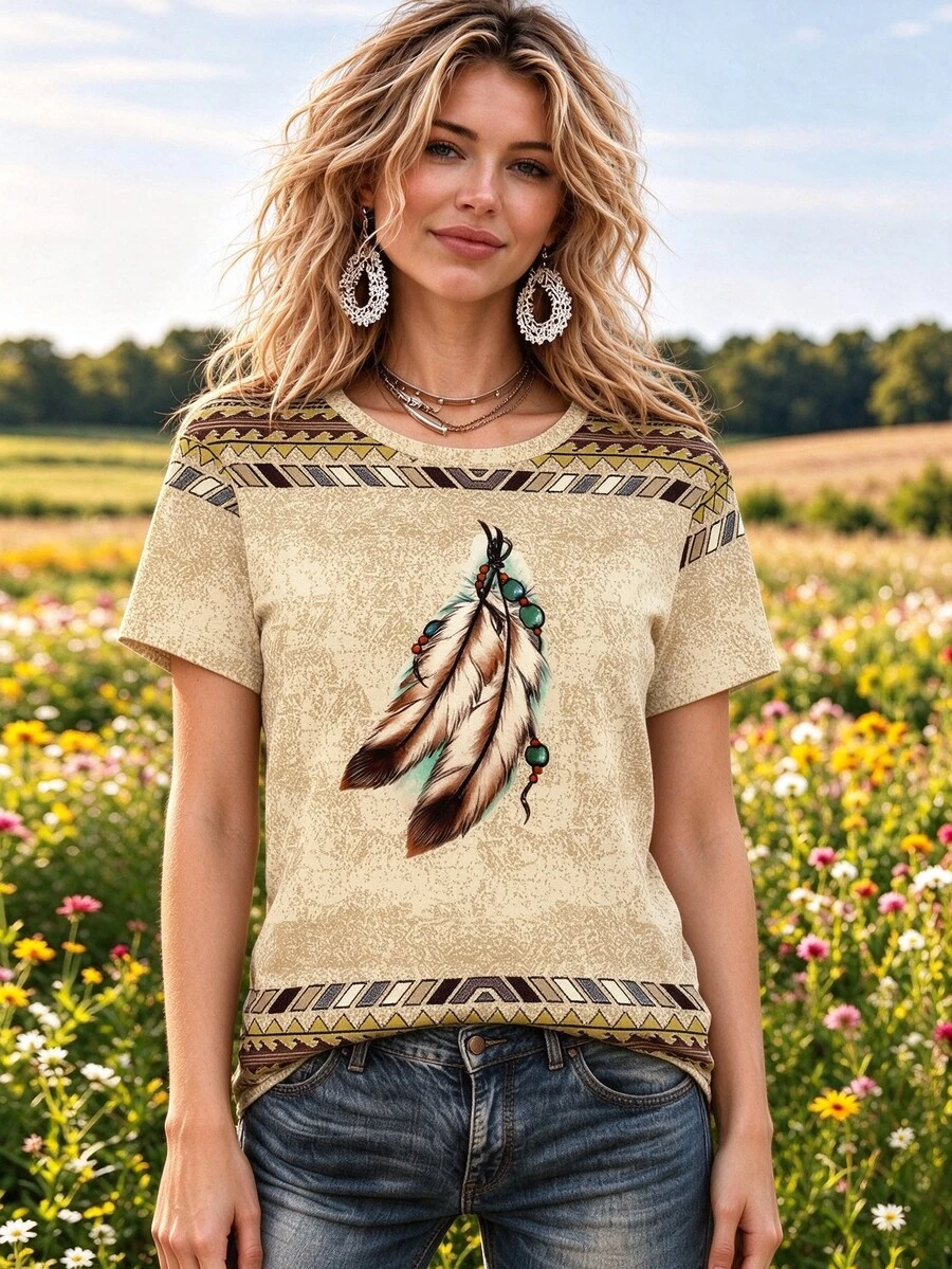 EMERY ROSE Women's Geometric Feather Print Round Neck T-Shirt, Fashionable Top Suitable For Daily And Vacation Wear Vacation Beige Summer Boho Western - Multicolor - View 1