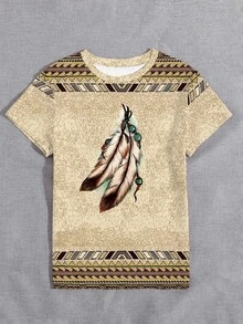 EMERY ROSE Women's Geometric Feather Print Round Neck T-Shirt, Fashionable Top Suitable For Daily And Vacation Wear Vacation Beige Summer Boho Western - Multicolor - View 4
