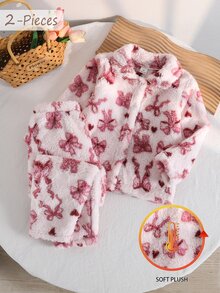 2pcs/Set Young Girls Pajamas, Lapel Cardigan Design, Bow Print, Warm Soft Skin-Friendly Fleece Long Sleeve Pants Loungewear Set Winter - Red and White - View 3