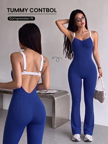 FavEase Women's Navy Blue Sports Outdoor Workout Tank Top Style Shoulder Strap Backless Front Ruched Slim Fit Flattering Flare Leg Jumpsuit Long Pants - Navy Blue - View 7