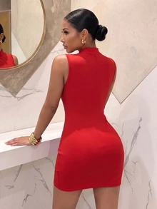 Slaydiva New Chinese Frog Button Red Satin Hollow Mini Dress Ruched Asymmetrical Hem Elegant Evening Outfit Christmas New Year Valentine Party Homecoming Club - Red - View 4