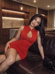 Slaydiva New Chinese Frog Button Red Satin Hollow Mini Dress Ruched Asymmetrical Hem Elegant Evening Outfit Christmas New Year Valentine Party Homecoming Club - Red - View 9