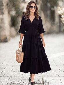 Hansera Women's Solid Ruffle Hem Longline Dress Vacation Black Fall Casual Boho Elegant Vacay Tropical - Black - View 9
