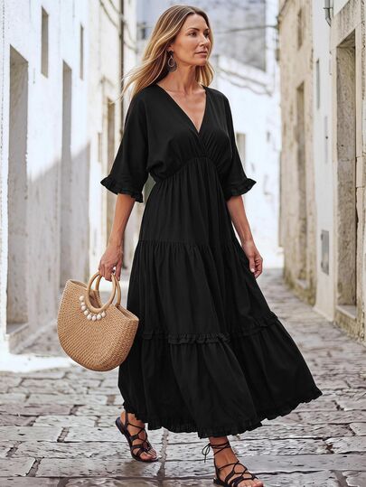 Hansera Women's Solid Ruffle Hem Longline Dress Vacation Black Fall Casual Boho Elegant Vacay Tropical