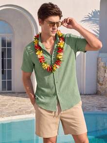 Manfinity RSRT Men's Solid Color Single-Breasted Casual Shirt And Drawstring Waist Pocket Shorts 2 Pieces Set, Holiday - Multicolor - View 1