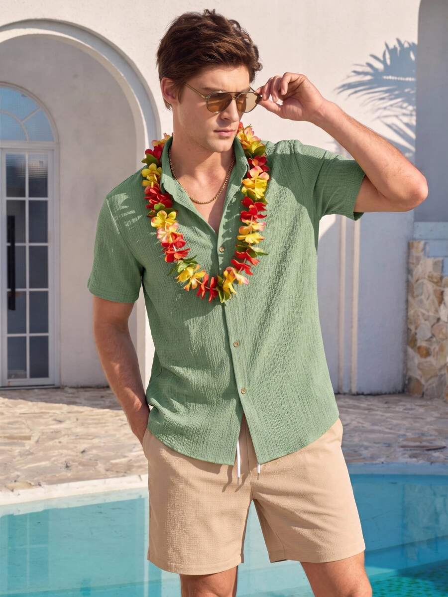 Manfinity RSRT Men's Solid Color Single-Breasted Casual Shirt And Drawstring Waist Pocket Shorts 2 Pieces Set, Holiday - Multicolor - View 1