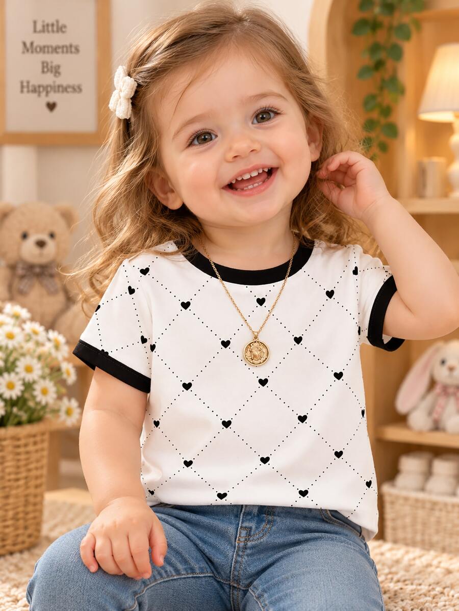 SHEIN Baby Girls Crew Neck Short Sleeve Tee, Heart Grid Print, Black Contrast Trim, White Base, Casual Summer School Wear
