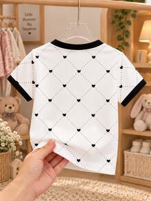 SHEIN Baby Girls Crew Neck Short Sleeve Tee, Heart Grid Print, Black Contrast Trim, White Base, Casual Summer School Wear - Multicolor - View 3