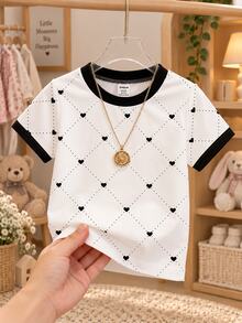 SHEIN Baby Girls Crew Neck Short Sleeve Tee, Heart Grid Print, Black Contrast Trim, White Base, Casual Summer School Wear - Multicolor - View 4
